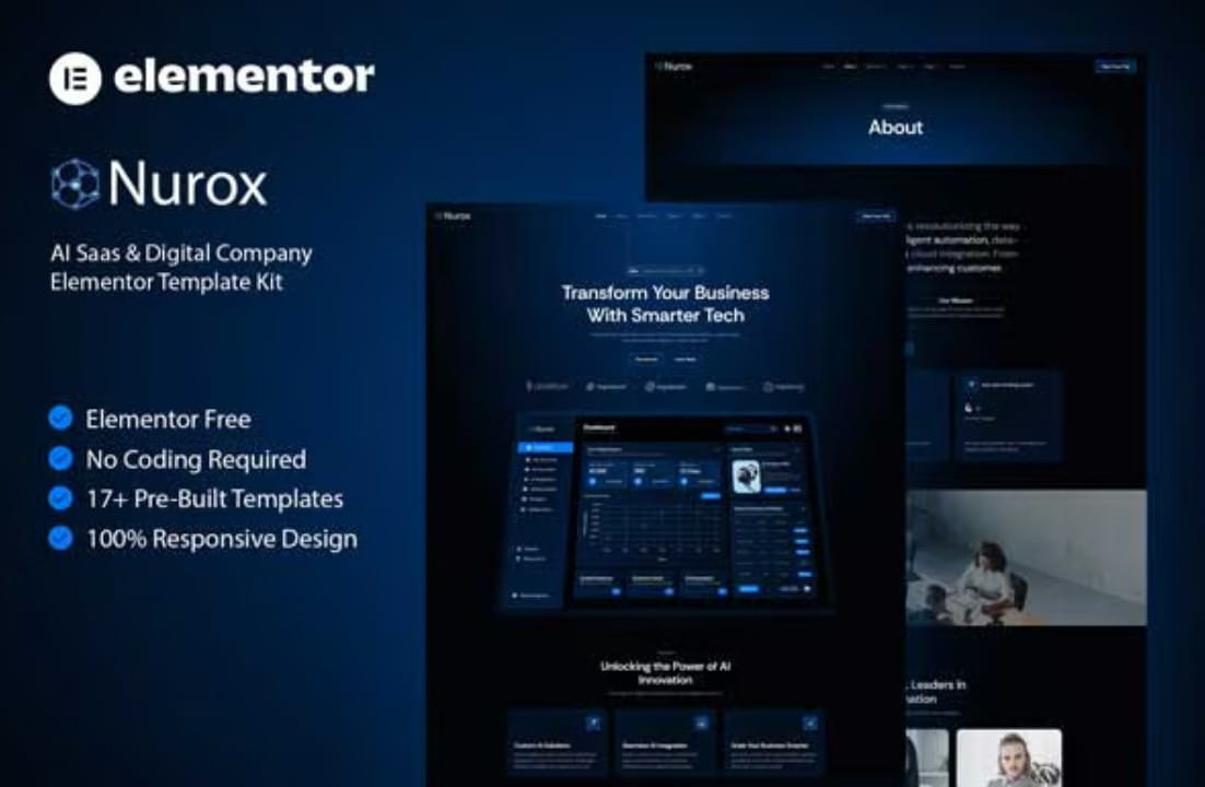 nurox (1) Nurox - Kit de plantillas Elementor para Saas con IA y empresa digital - Imagen 1